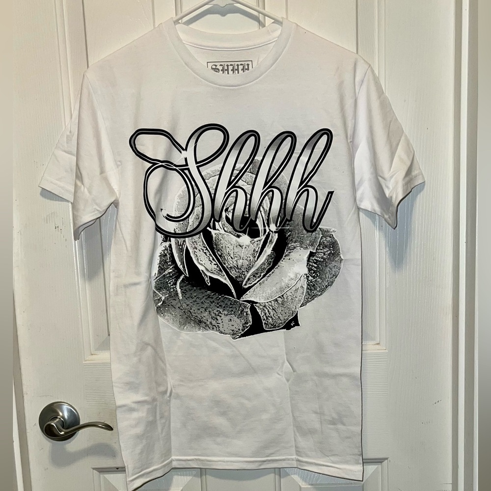 SHHH White Short Sleeve Tee with Artistic Graphic